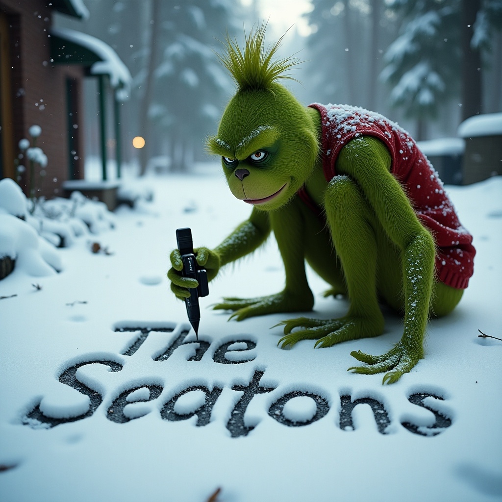 The Grinch writes in snow using a marker. The words 'The Seatons' are formed in the snow. The Grinch looks at the camera and wears a red sweater. Snowy forest environment surrounds the scene.