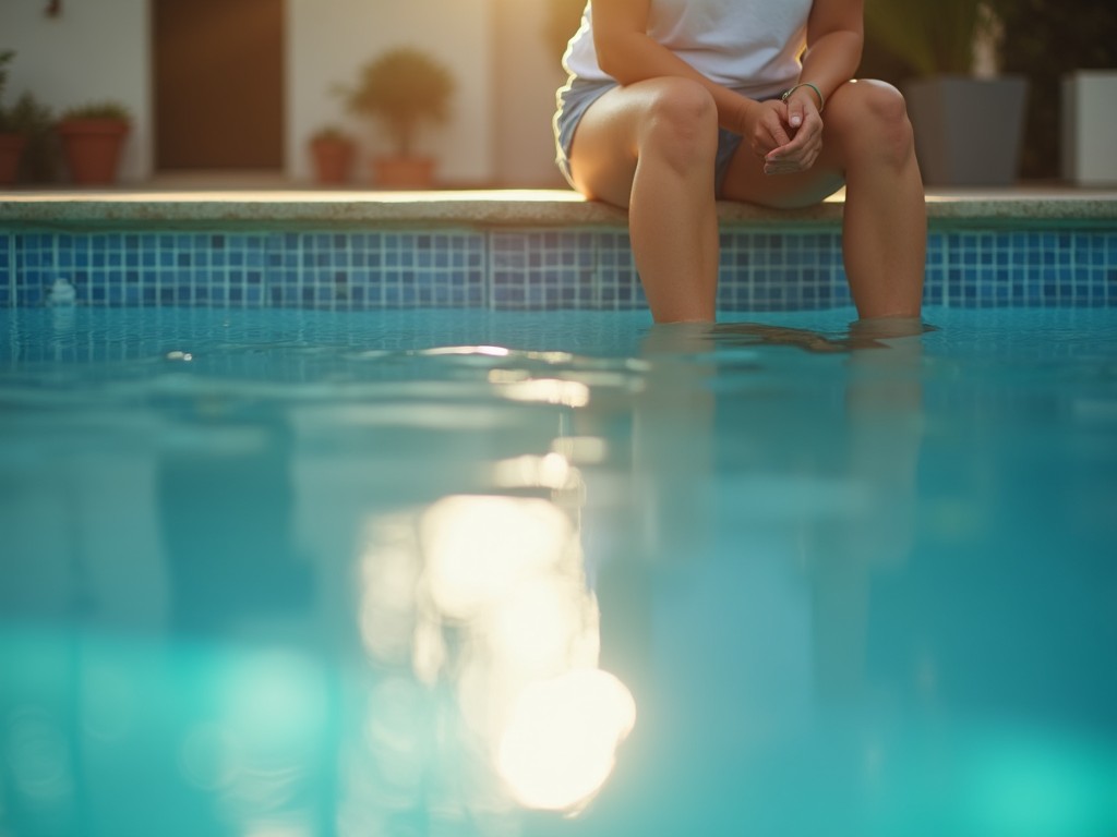 A person sits at the edge of a pool with their legs immersed in the water. The sun casts a warm, golden glow, creating a serene and tranquil atmosphere. The surrounding environment includes plants, contributing to a peaceful, retreat-like setting.