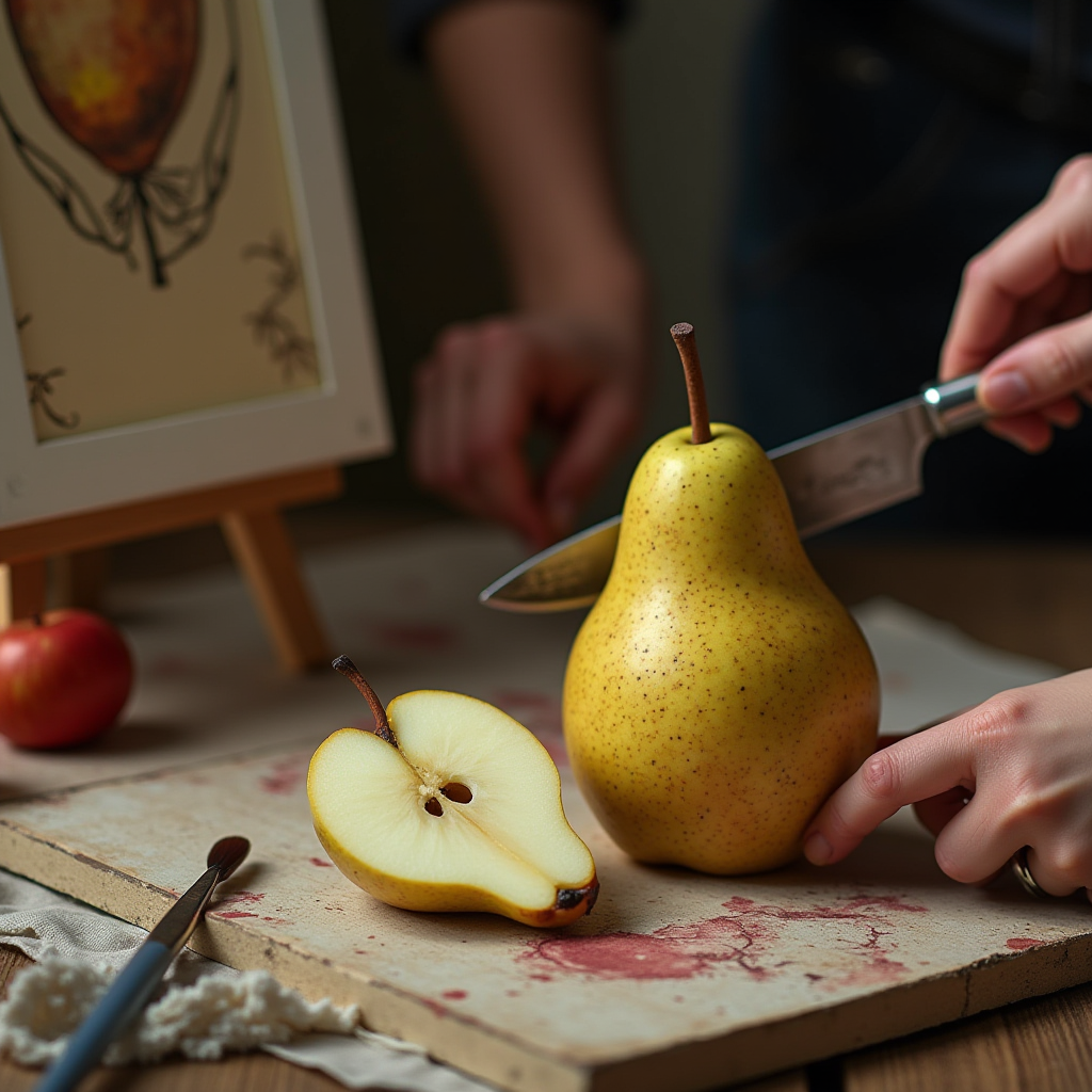 A person slicing a pear next to artistic sketches on a rustic surface.