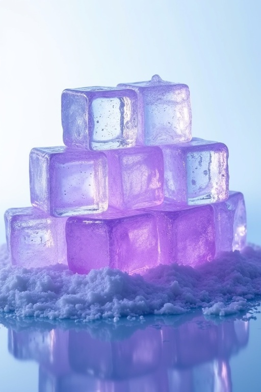 A pile of ice cubes closely stacked is shown. The ice cubes are clear and glistening with reflections. Some cubes show slight imperfections. Background is plain white. A vibrant cluster of glowing purple crystals is atop a smooth blue surface. The scene represents chilliness. Tiny droplets of water are visible.