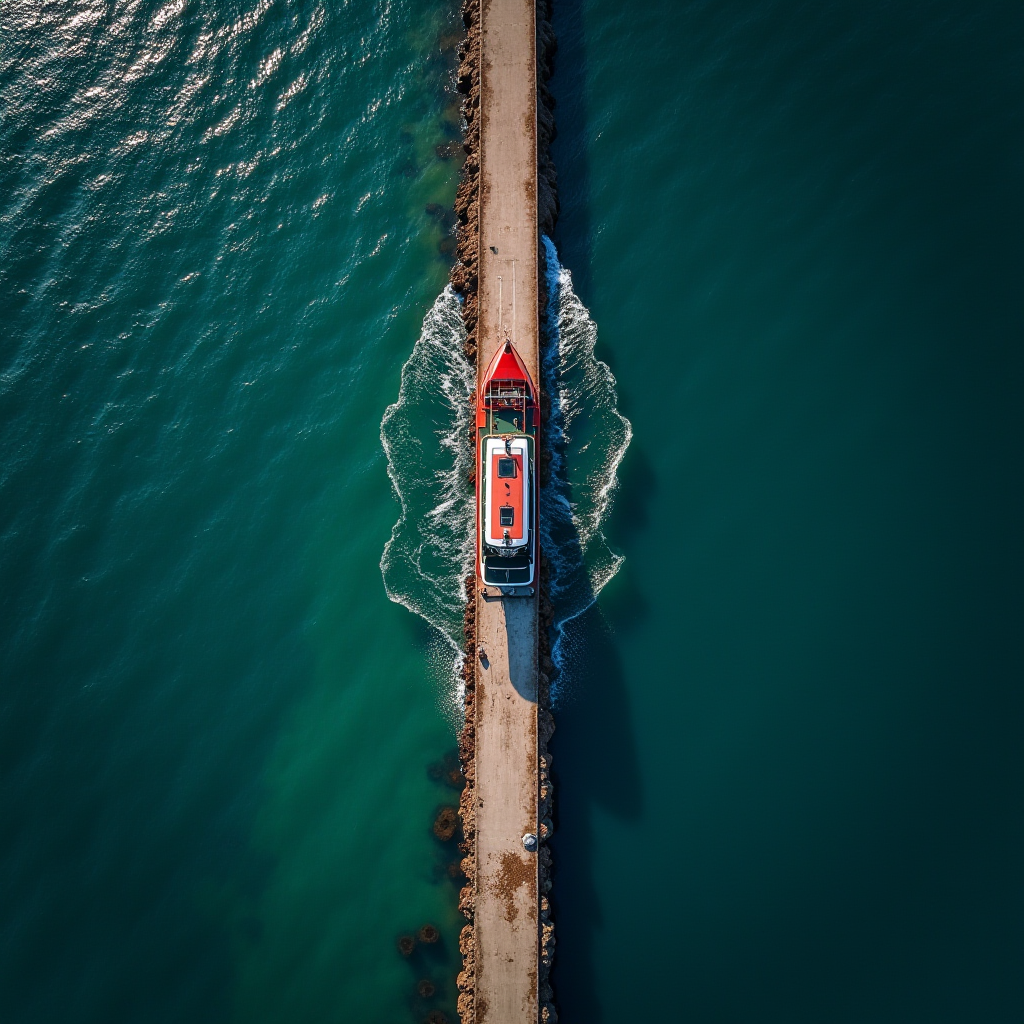 This aerial image captures a striking overhead view of a red boat navigating along a narrow pier extending through a body of turquoise water. The composition is symmetrical, with the boat perfectly aligned along the center of the pier, creating a visually appealing symmetry. The waves ripple around the boat as it moves forward, and the contrast between the vibrant red of the boat and the deep blue-green of the water enhances the image's dynamic appeal. The pier appears to be made from concrete, flanked by rocky edges that merge with the sea.