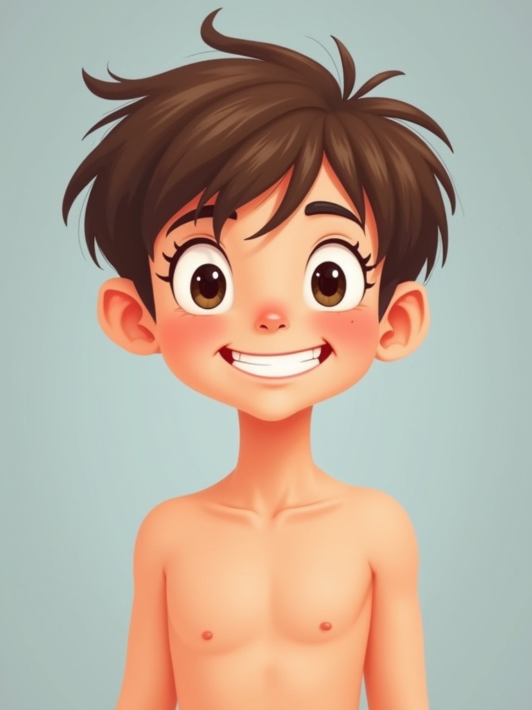 The image features a cute cartoon character. The character has tousled brown hair and a bright smile. The character is depicted shirtless. The background is blue-gray. The character's large eyes create charm. Illustration captures childhood innocence.