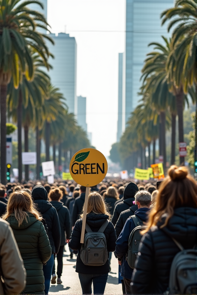 A large crowd marches through a city street lined with palm trees, holding signs, including one prominently displaying the word 'GREEN' with a leaf symbol.