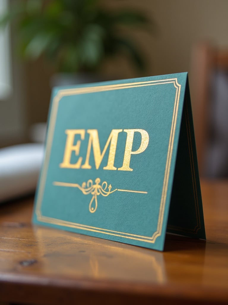 Vintage-style invitation card features gold letters 'EMP' on a teal background. Card is placed on a wooden table.