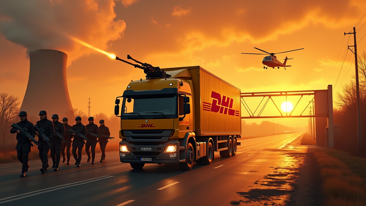 In a dramatic scene, a DHL delivery truck drives up to a boomgate at the entrance to a nuclear power plant. The truck is equipped with a machine gun turret. Nearby, several delivery personnel are seen marching in unison, each holding rifles. The fiery sun illuminates the sky, intensifying the atmosphere of the scene. Above, a DHL cargo helicopter flies, adding to the urgency. Below the imagery, the tagline 'DHL Always on Time, Always on Target' reinforces the message.