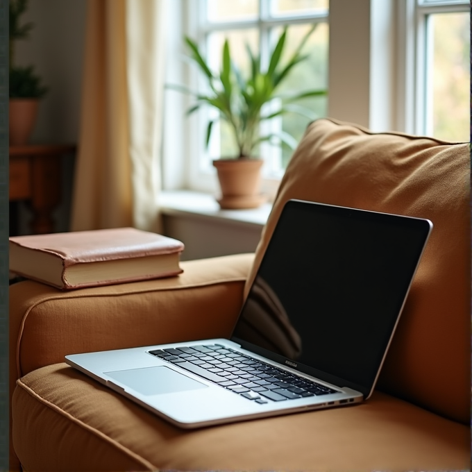 A laptop and a book rest on a comfortable sofa near a sunlit window with a potted plant.