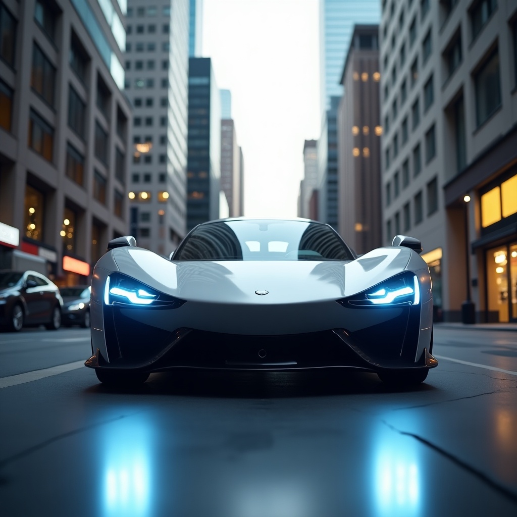 Image shows a sleek silver sports car in a bustling urban street. The car appears in motion with striking blue headlights. Tall buildings provide a modern city backdrop. The low angle emphasizes the car's design and excitement. Bright setting highlights the car's aesthetics.