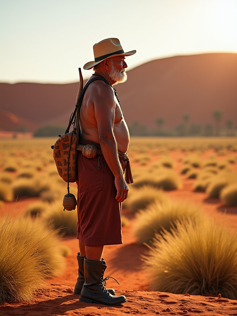 Weathered Aboriginal elder stands at the edge of a vast crimson-hued desert landscape. Worn leather boots and faded hat show rugged life. Warm sunlight casts a golden glow on weathered skin. Stares at endless expanse. Traditional boomerang slung over shoulder. Soft wind rustles the grasses.