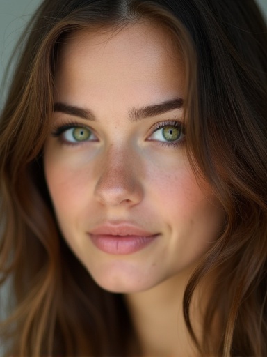 Pretty young woman with striking green eyes and brown hair. Soft lighting highlights natural beauty. Portrait style.