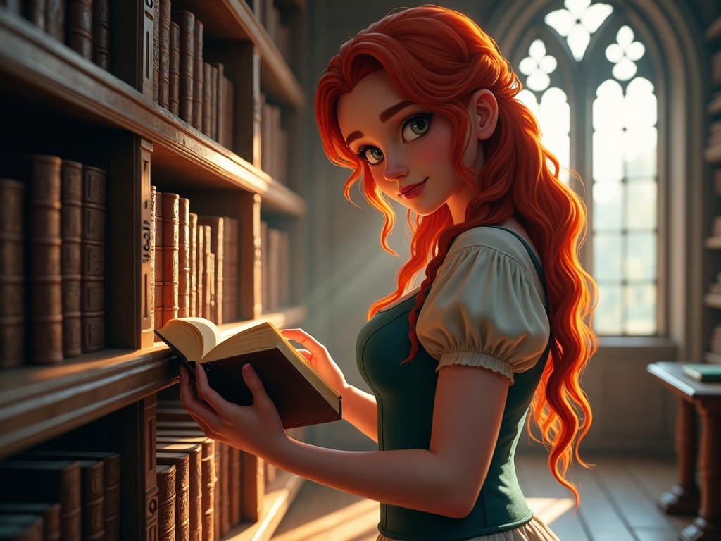 In a grand castle library filled with ancient books, a beautiful young lady with flowing red hair stands captivated. She gently lifts a book from a wooden shelf, surrounded by the warm glow of sunlight. The library boasts tall, arched windows that filter light, illuminating dust particles dancing in the air. Her expression shows curiosity and delight, embodying the spirit of a book lover. This enchanting scene invokes feelings of nostalgia and wonder, inviting viewers into a world of stories.