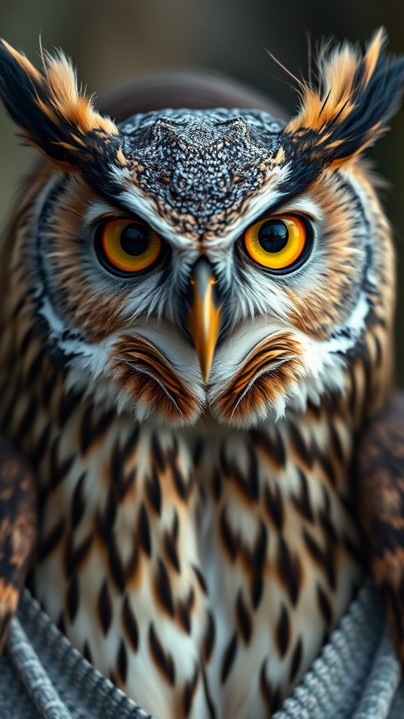 A powerful close-up of a vividly colored owl with striking eyes.