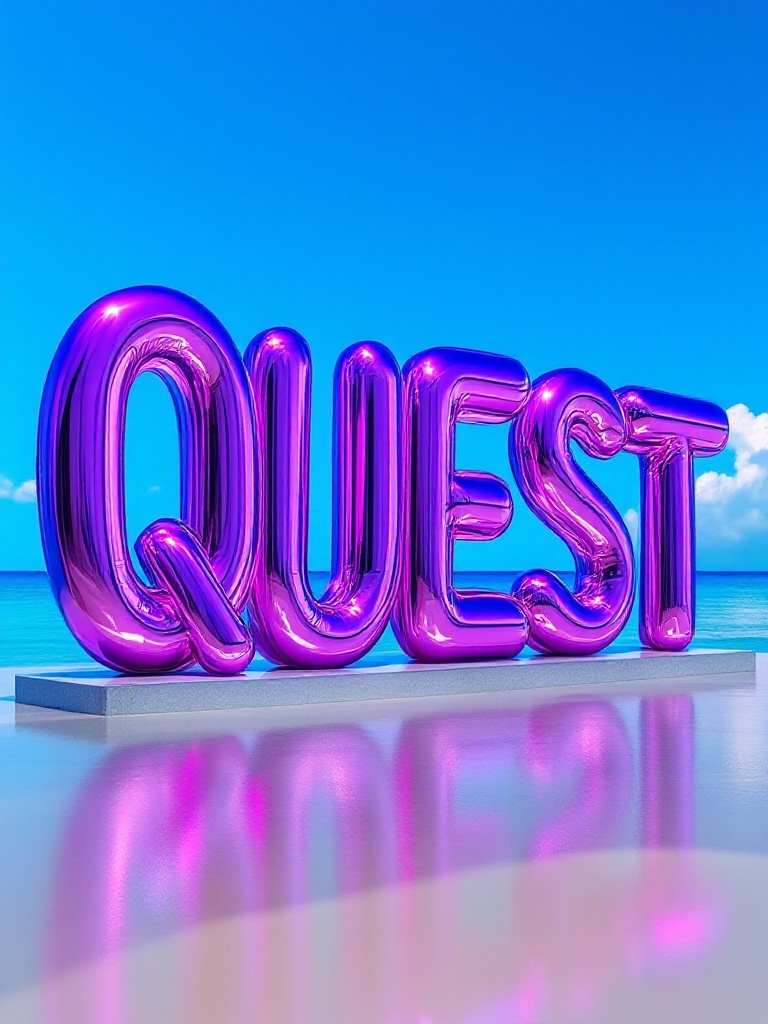 Image of a sculpture with the word QUEST. The letters are vibrant purple and glossy. The background is light blue resembling the Caribbean sea. The artwork should reflect light beautifully. The letters should be exaggerated and whimsical.