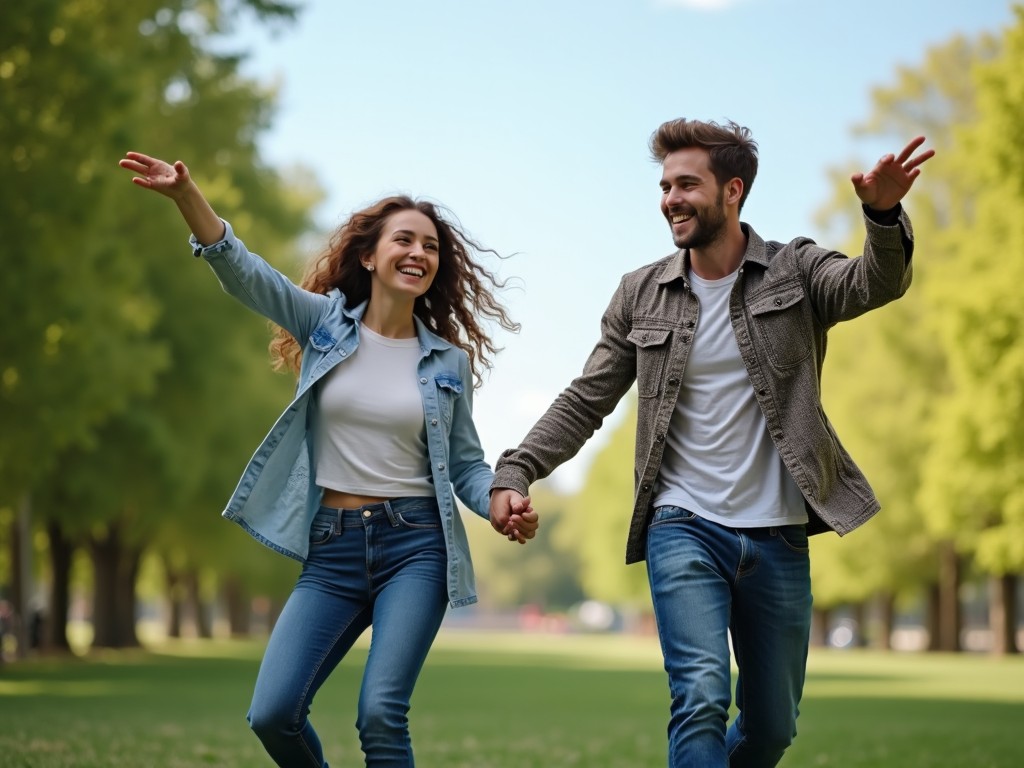 A young couple is holding hands while walking through a beautiful park. They are smiling and appear to be having a great time together. The woman is spinning in delight, her hair flowing in the breeze. The man is looking at her joyfully, adding to the moment's happiness. They are dressed in casual outfits, blending well with the vibrant green surroundings. The sun is shining bright, creating a cheerful atmosphere.