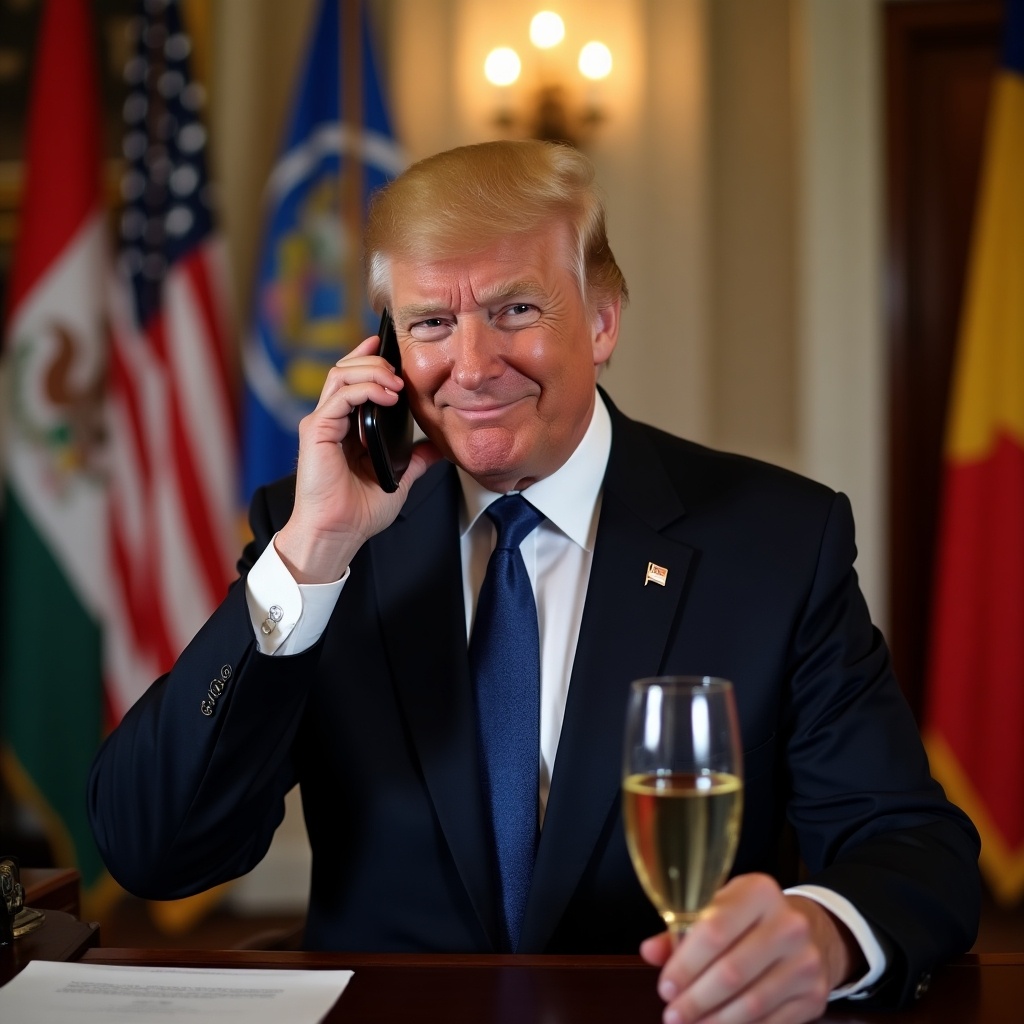 The image shows a well-dressed man in a formal setting, holding a phone to his ear with a cheerful expression. He has a glass of champagne in his hand, symbolizing a celebration. In the background, flags denote a political or diplomatic context. The warm lighting enhances the celebratory mood. This scene conveys a sense of accomplishment and a positive atmosphere, suggesting a successful communication or partnership.