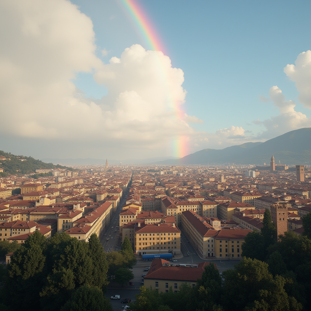 A city with red rooftops is seen under a clear sky with a rainbow stretching above.