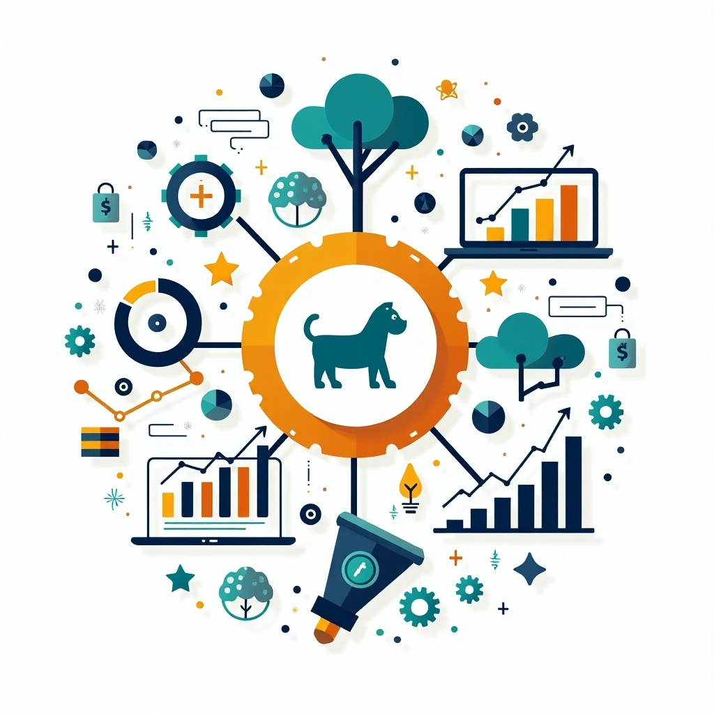 Investments in Healthtech represented through colorful illustrations. Depicts a dog within a gear surrounded by graphs, charts, and icons related to money and trends.