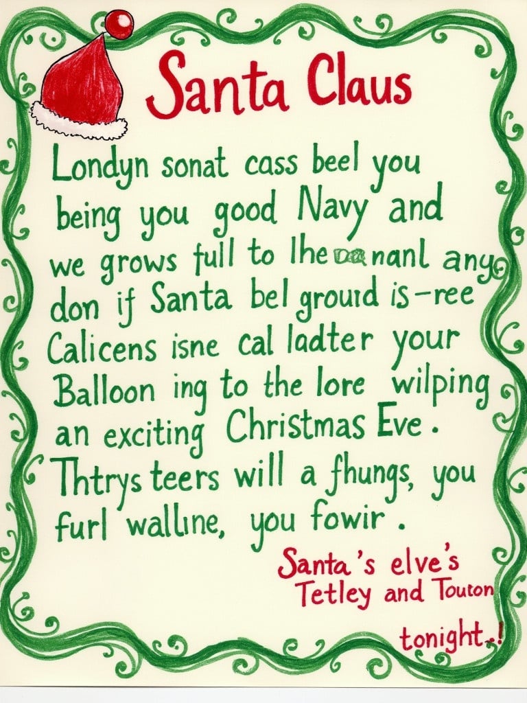 Letter written in elf's handwriting featuring Santa's message to children. The design includes green and red elements and a festive theme.