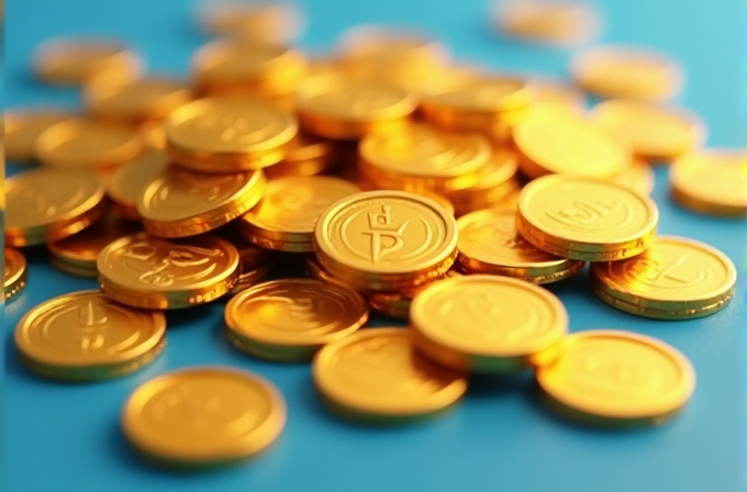 A heap of shiny, yellow-gold coins scattered on a blue surface.