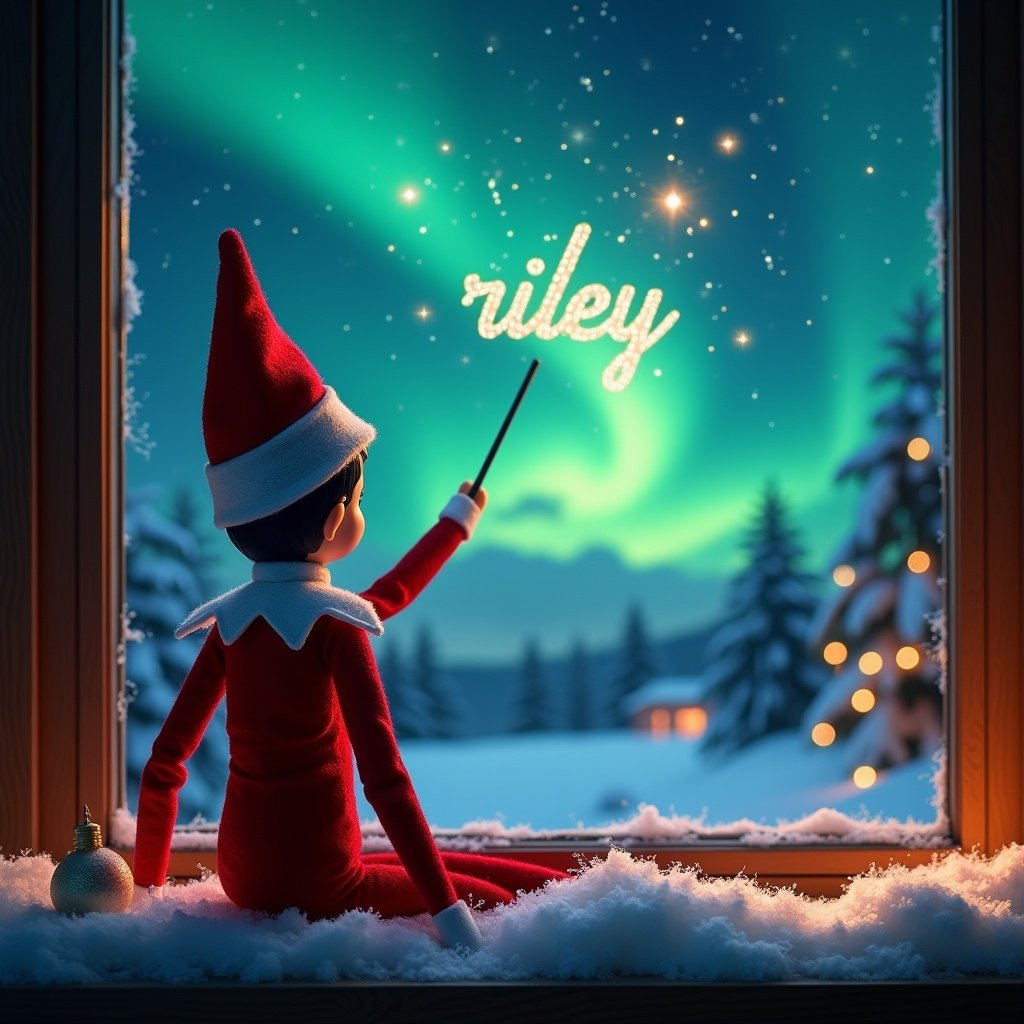 An elf on the shelf sits with his back to the viewer, gazing up at a stunning night sky. The scene is illuminated by vibrant northern lights in shades of green and blue. With a magic wand in hand, the elf writes the name 'riley' elegantly in the sky. Soft snow covers the window sill, adding to the cozy atmosphere. The enchanting background includes snow-covered trees and a touch of Christmas warmth, inviting viewers into a magical winter wonderland.