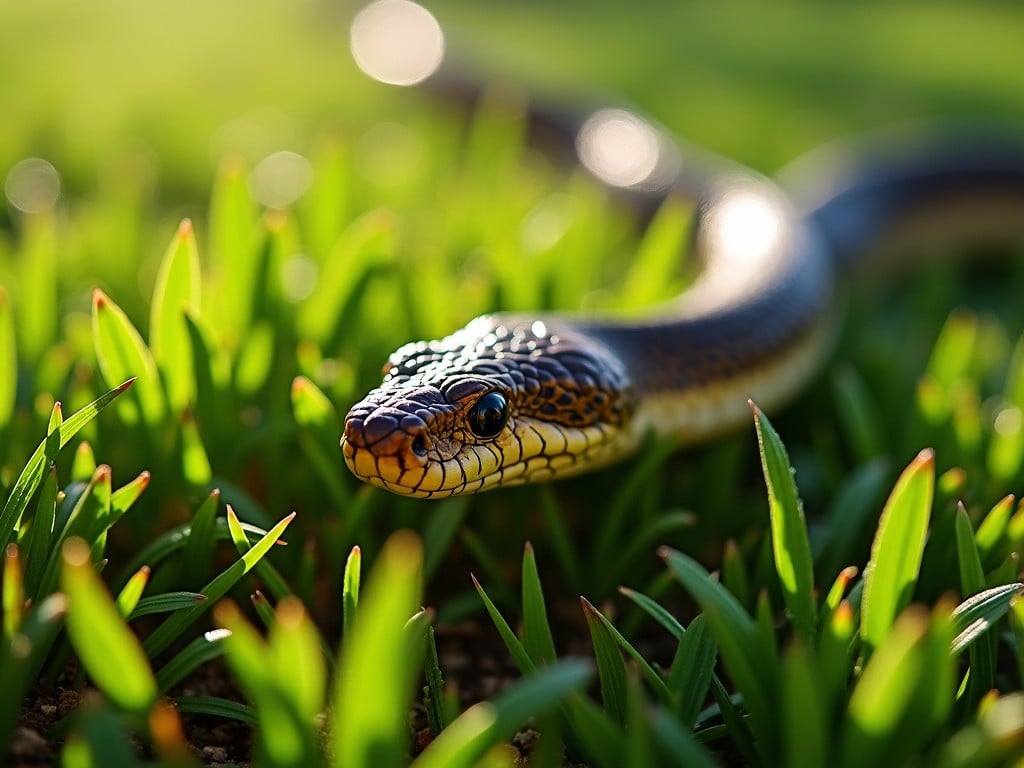 The image shows a close-up of a snake resting on a patch of green grass. The snake's head is prominently featured, with intricate patterns on its scales. The sunlight glistens on the grass blades, creating a warm and inviting atmosphere. The background is blurred, emphasizing the snake as the main subject. This scene captures the beauty of nature and the elegance of reptiles in their habitat.