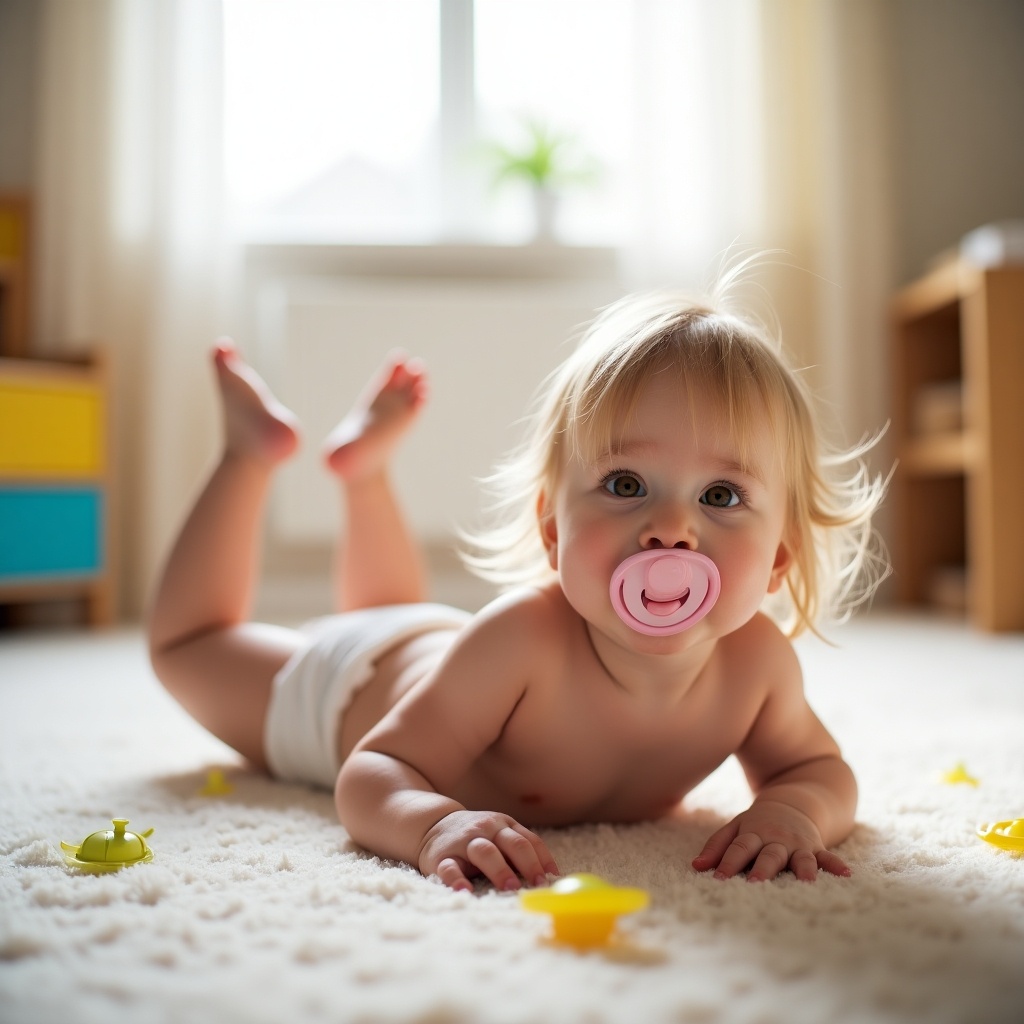 A cute toddler girl lies on her stomach on a soft, fluffy carpet. She has a pink pacifier in her mouth and a joyful expression on her face. Her long, light-blonde hair is beautifully illuminated by the soft light coming through the window. The room is decorated with colorful furniture and scattered toys, enhancing the playful environment. The toddler's brown eyes sparkle with curiosity, as she enjoys this playful moment in a comfortable setting.