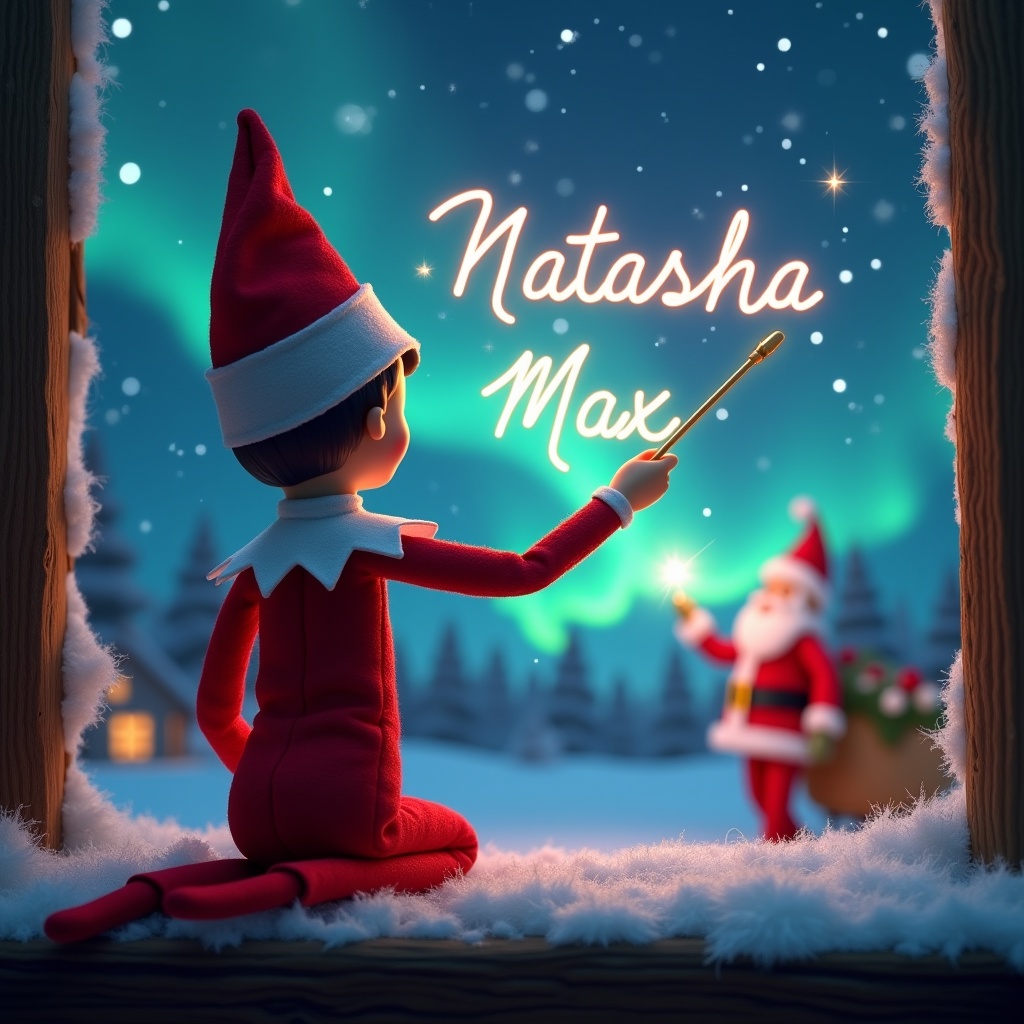 The scene showcases an Elf on the Shelf, sitting with its back turned, gazing upon a stunning sky filled with northern lights. The elf holds a magic wand, elegantly writing the names 'Natasha' and 'Max' in the air. In the background, Santa Claus is also visible, adding to the enchanting holiday atmosphere. The overall vibe is whimsical and festive, perfect for the Christmas season. The lighting creates a magical aura, enhancing the feeling of wonder and excitement.