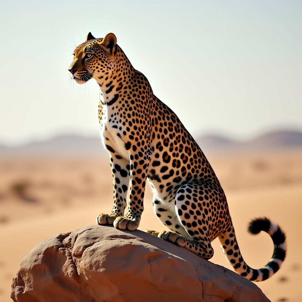 A cheetah perched on a rock, surveying the vast desert landscape.