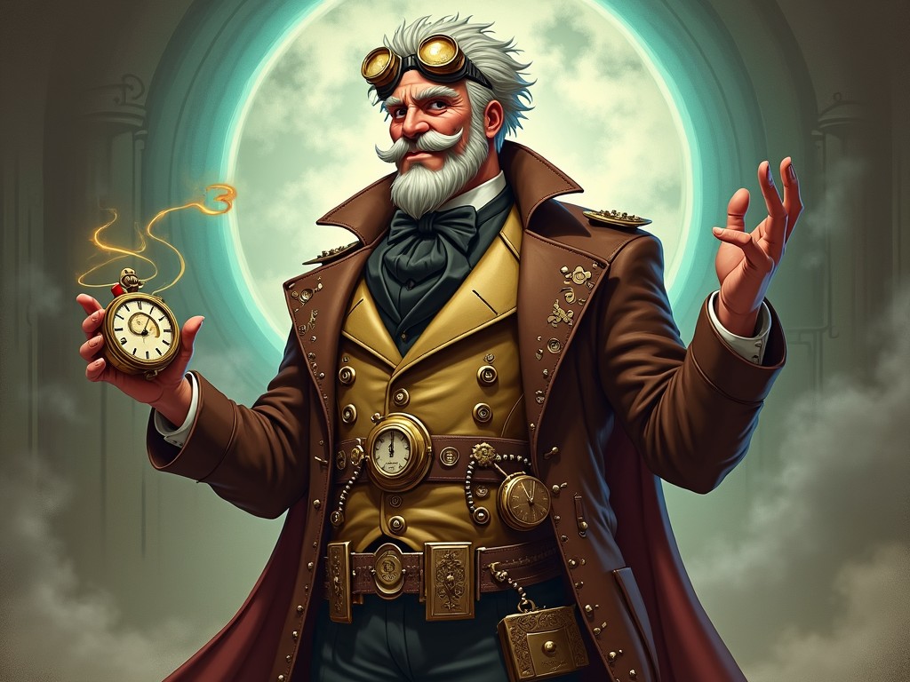 A steampunk character with white hair and goggles stands confidently, holding a pocket watch in a mysterious, foggy environment.