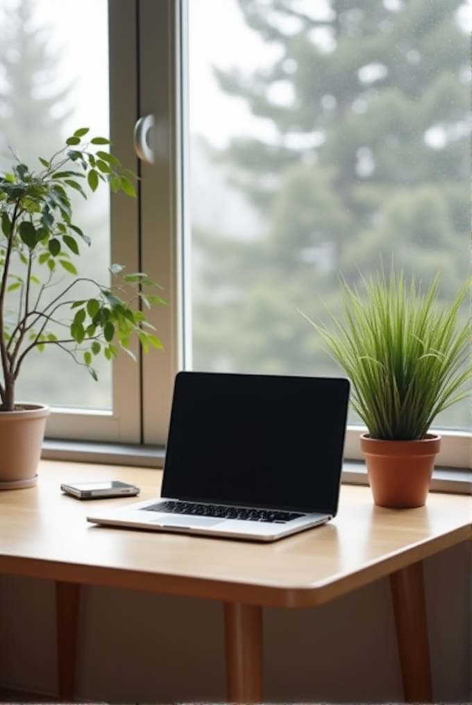 A serene workspace features a closed laptop, smartphone, and two potted plants on a wooden desk by a window overlooking a tree.