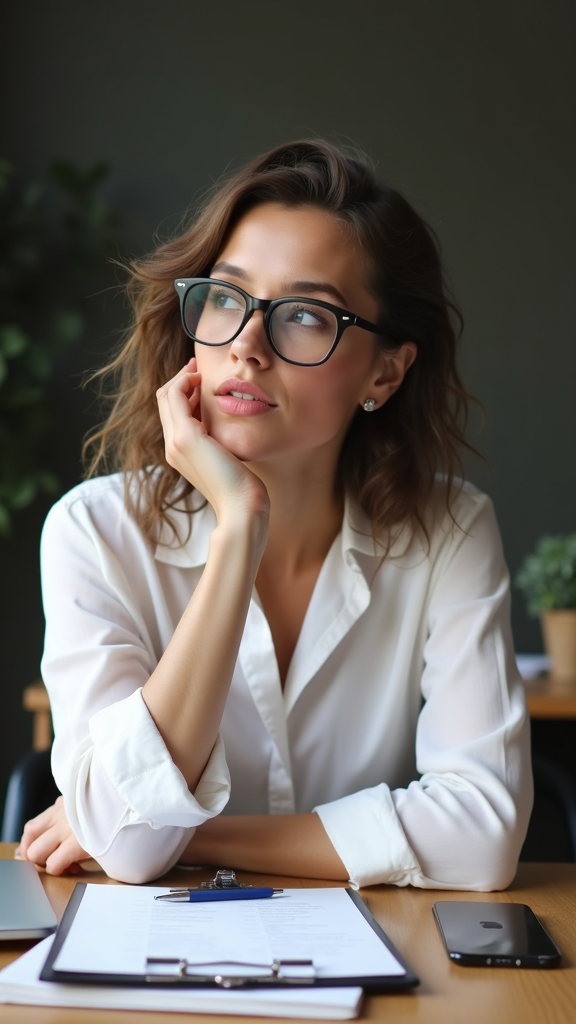 A woman in glasses looks pensively into the distance while sitting at a desk.