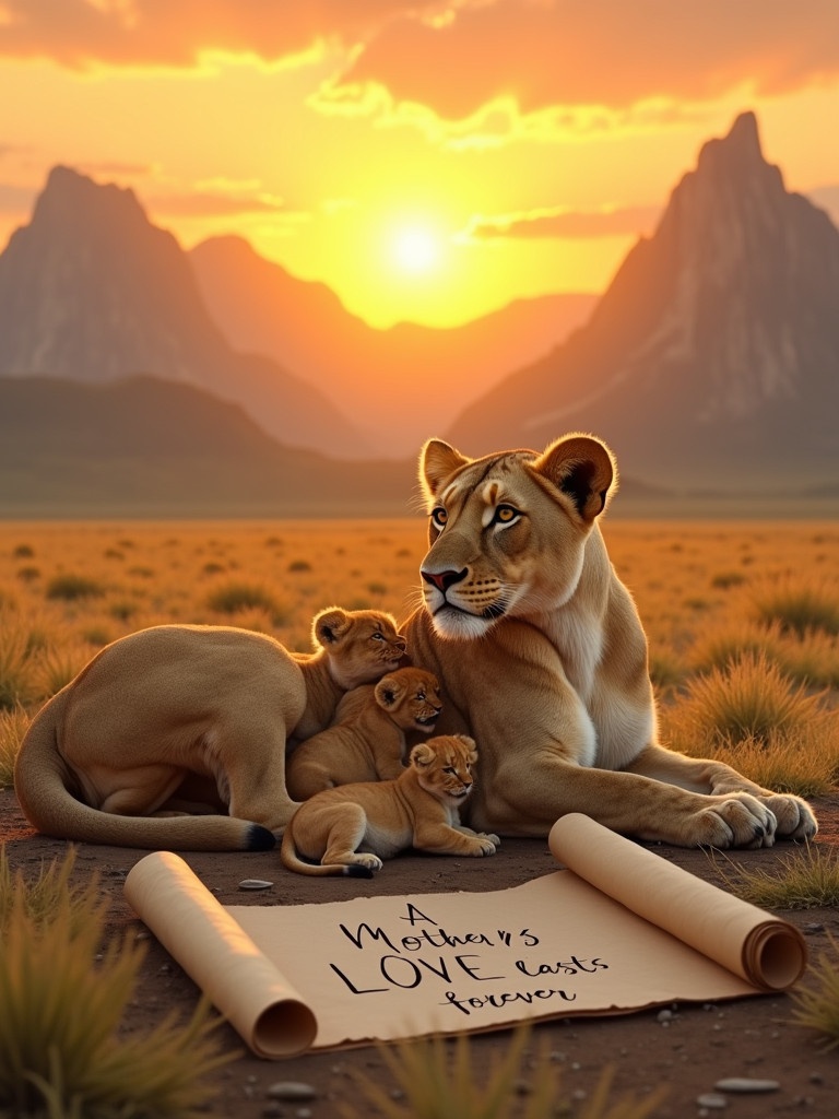 Lioness lays calmly with three cubs during sunset. A scroll is placed nearby with the text A MOTHER'S LOVE LASTS FOREVER. Mountains are visible in the background. Warm golden lighting surrounds the scene.