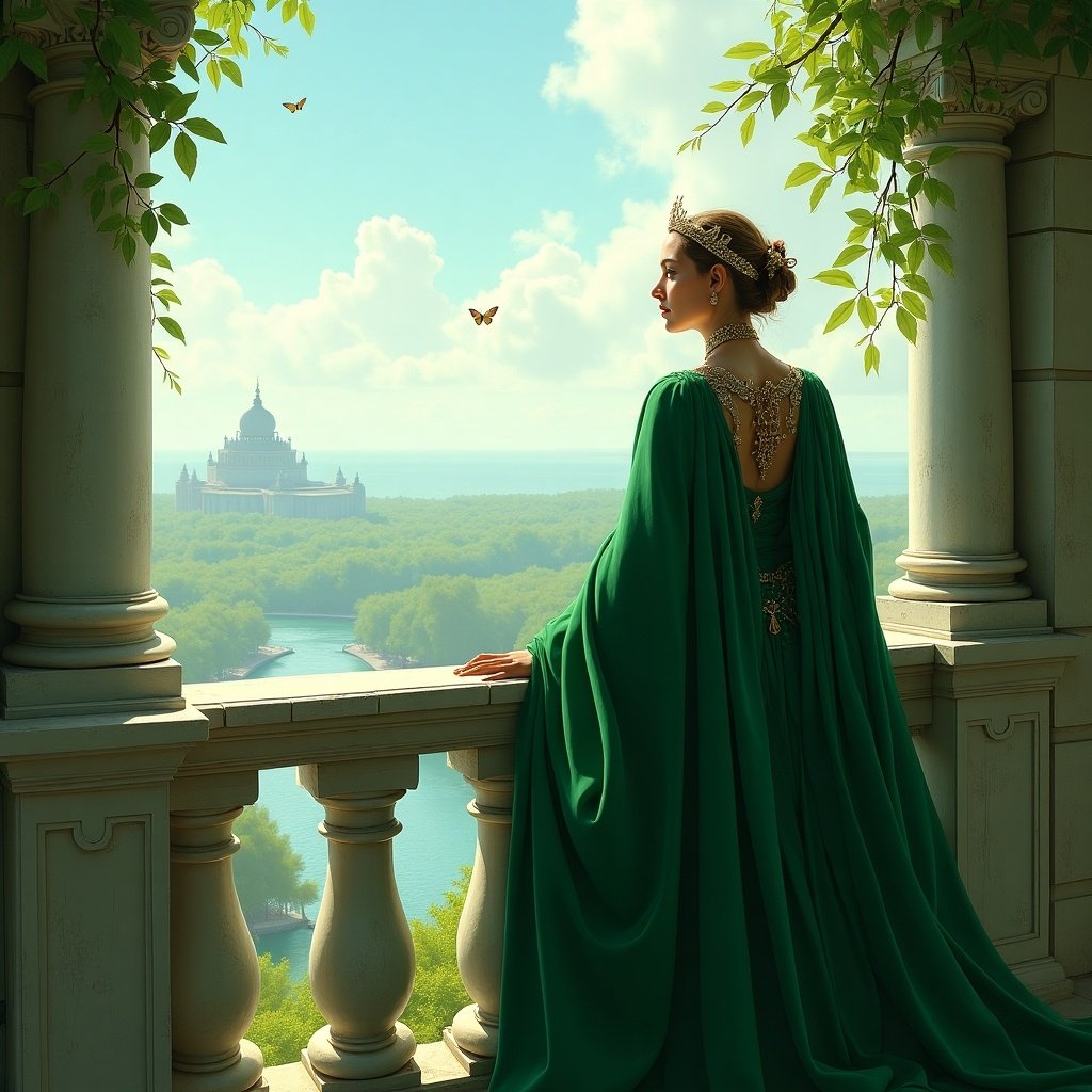 Noble figure surveys the realm from a malachite balcony. Dressed in elegant green attire. Butterflies flutter around in a gentle breeze. Lush scenery and a distant castle enhance the magical atmosphere.