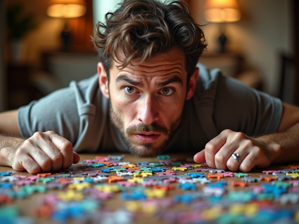 In this image, a man appears deeply confused as he tries to solve a huge puzzle. The puzzle pieces are scattered all around him, showcasing a rainbow of colors. He is leaning forward with a furrowed brow and focused gaze, clearly deep in thought. The atmosphere is relaxed yet tense, with soft lighting that adds warmth to the scene. This moment captures the challenge and frustration that can come with piecing together a large puzzle.