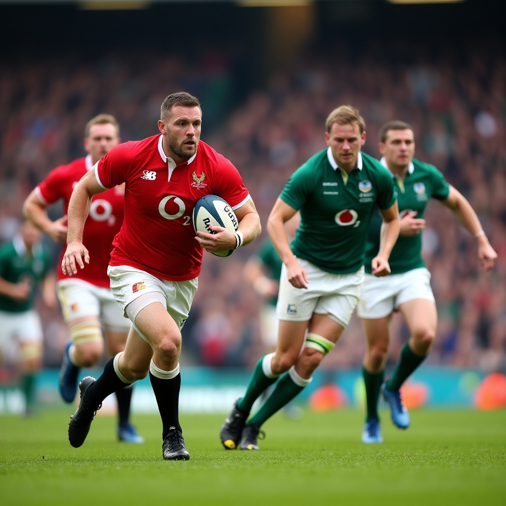 Rugby match in action. Players from two teams. One team in bright red, the other in green. Intense focus on game. Stadium filled with spectators. Red team with crest and white shorts, green team with crest and white accents. Lush green field.