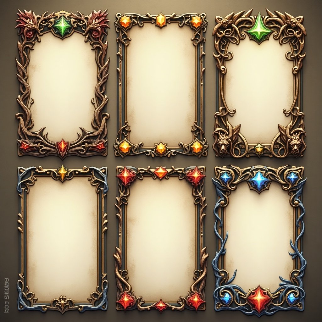 Display of six ornate card frames with decorative elements in various colors and styles.