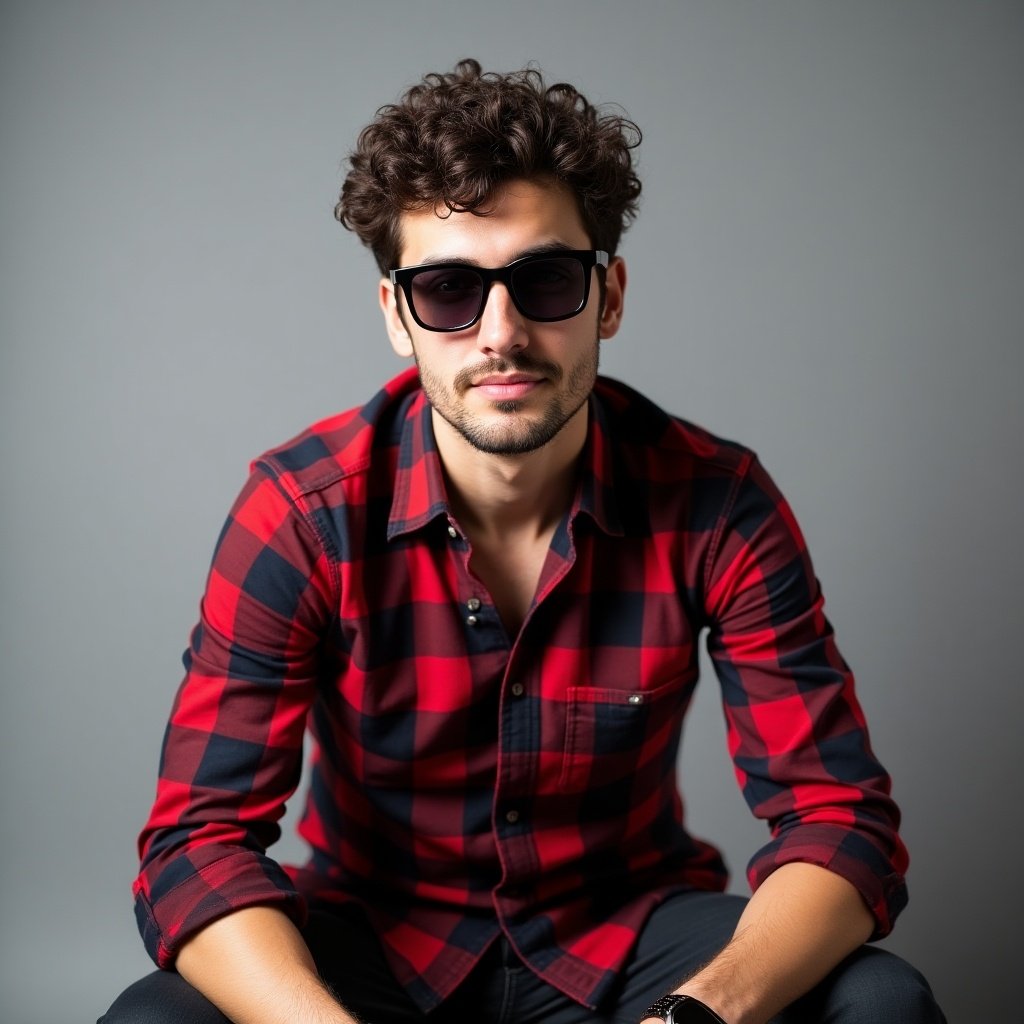 Man with curly hair wearing sunglasses. He wears a red and black checkered shirt with rolled-up sleeves. Dark pants and a watch on wrist. Seated against a gray background. Posing confidently.