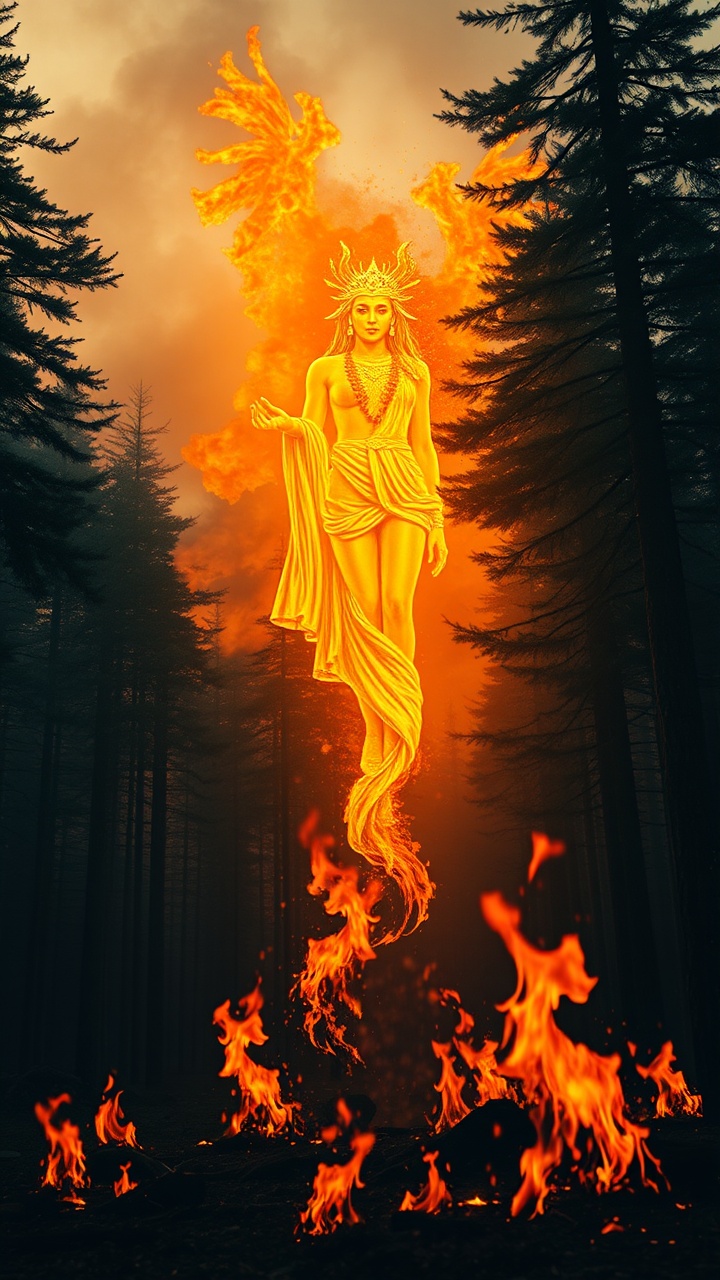 A fiery goddess rising from flames in a forest setting, with an aura of mysticism and strength.