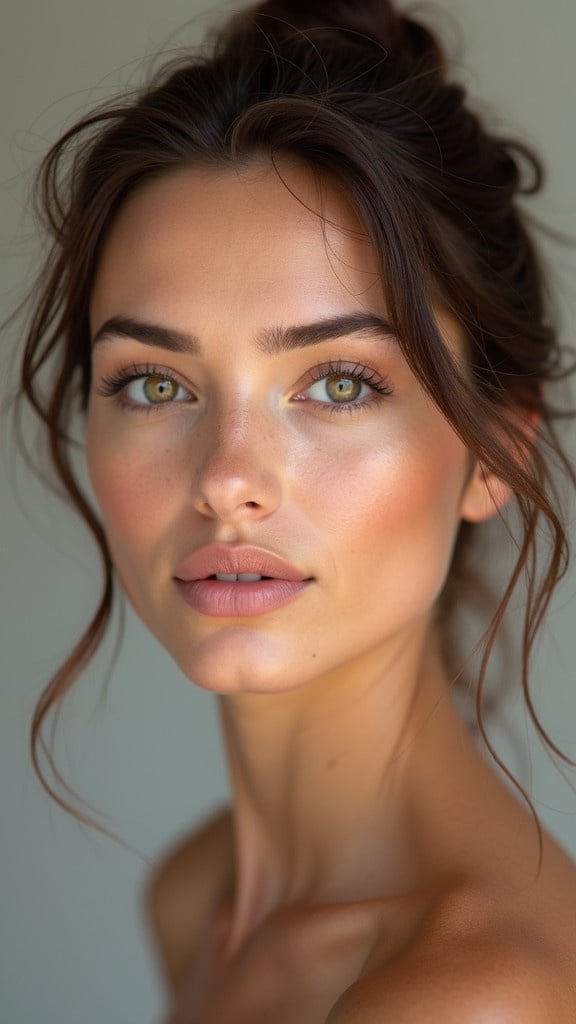 A high definition photo exhibiting beauty standards. The image captures flawless skin with photorealistic detail. The style reflects the essence of beauty and wellness. Light softly highlights the subject's skin tones and natural beauty. The background is neutral, emphasizing the subject. The overall quality is the highest possible.