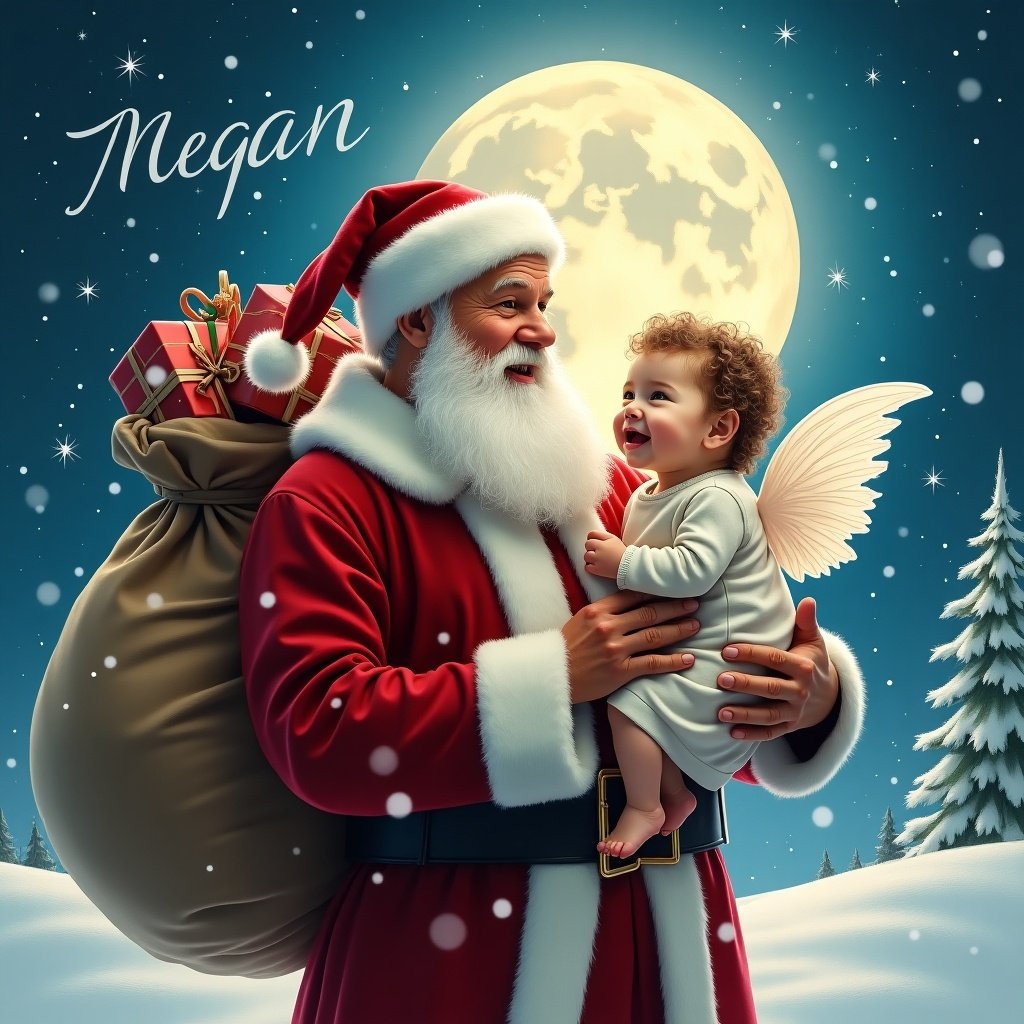 Magical scene features Santa Claus and baby girl with angel wings. Santa holds sack of gifts. Snowflakes fall. A full moon glows in the background. Name Megan is written across the sky. Emphasizes traditional attire and festive joy.