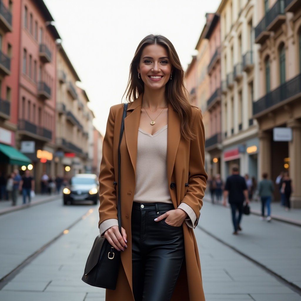 Woman wears a fashionable outfit. Urban street setting in soft light. People and vehicles in background.