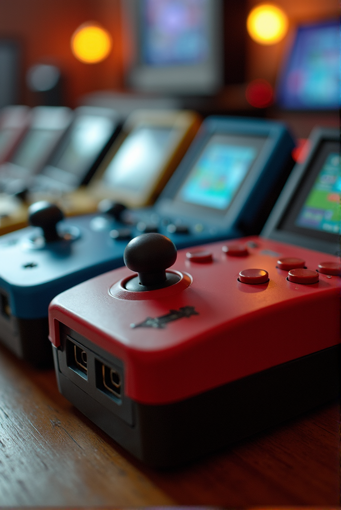 A close-up of retro-style handheld gaming consoles in vibrant colors, featuring joysticks and buttons, displayed on a wooden table with a cozy, blurred background.