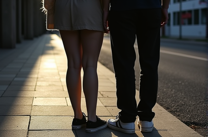 Two people stand side by side on a sunlit sidewalk, casting long shadows.