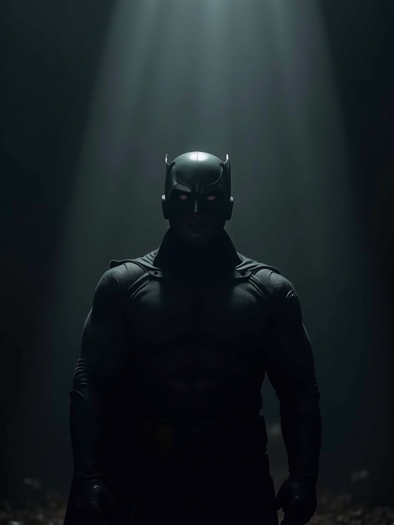 Shadowy silhouette of a powerful superhero dressed in a dark costume. Emphasis on strong muscles and a dramatic pose. Spotlight beams illuminate the scene. Dark and moody backdrop adds mystery.