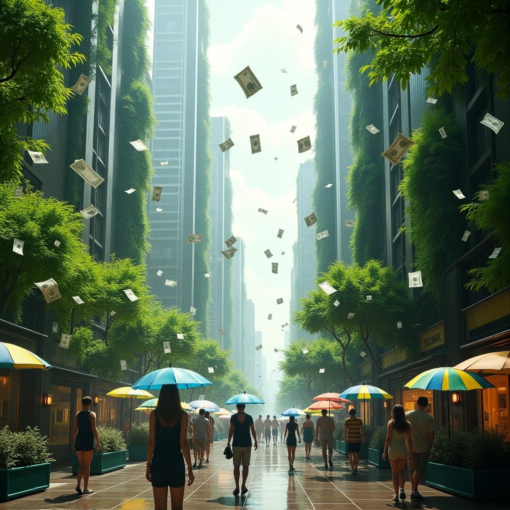 Futuristic eco-friendly city environment with tall skyscrapers covered in greenery. Streets lined with vibrant trees and vertical gardens. Heavy rain of $100 bills creating a surreal atmosphere. People with umbrellas gazing up in awe while walking on wet pavement.