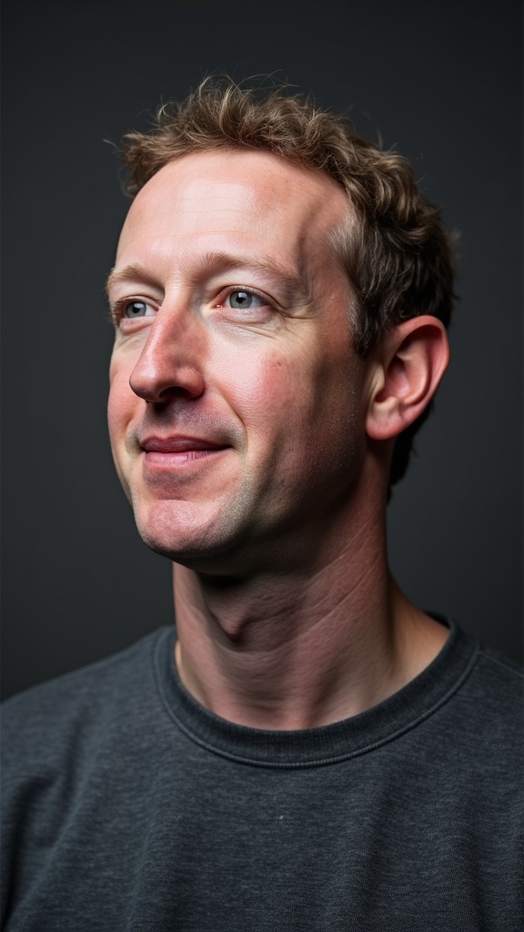 A portrait features a man in a casual gray sweater against a dark background. The lighting softly illuminates his face, highlighting his thoughtful expression as he gazes slightly upwards. The composition conveys a sense of introspection and calmness, accentuated by the simplicity of the attire and the muted backdrop.