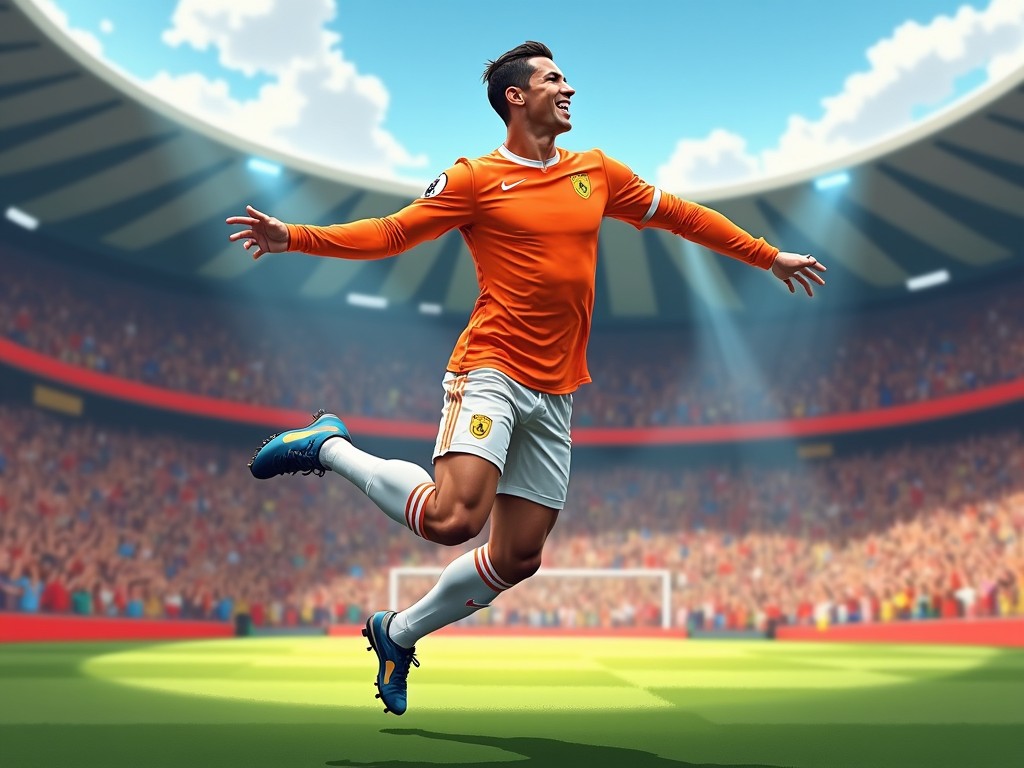 The image features a soccer player in an orange uniform, jumping in celebration after scoring a goal. The player is mid-air, showcasing excitement and joy. The background depicts a vibrant stadium filled with enthusiastic fans. Bright lights illuminate the scene, emphasizing the action. The overall atmosphere conveys the thrill of a soccer match and the passion of the sport.