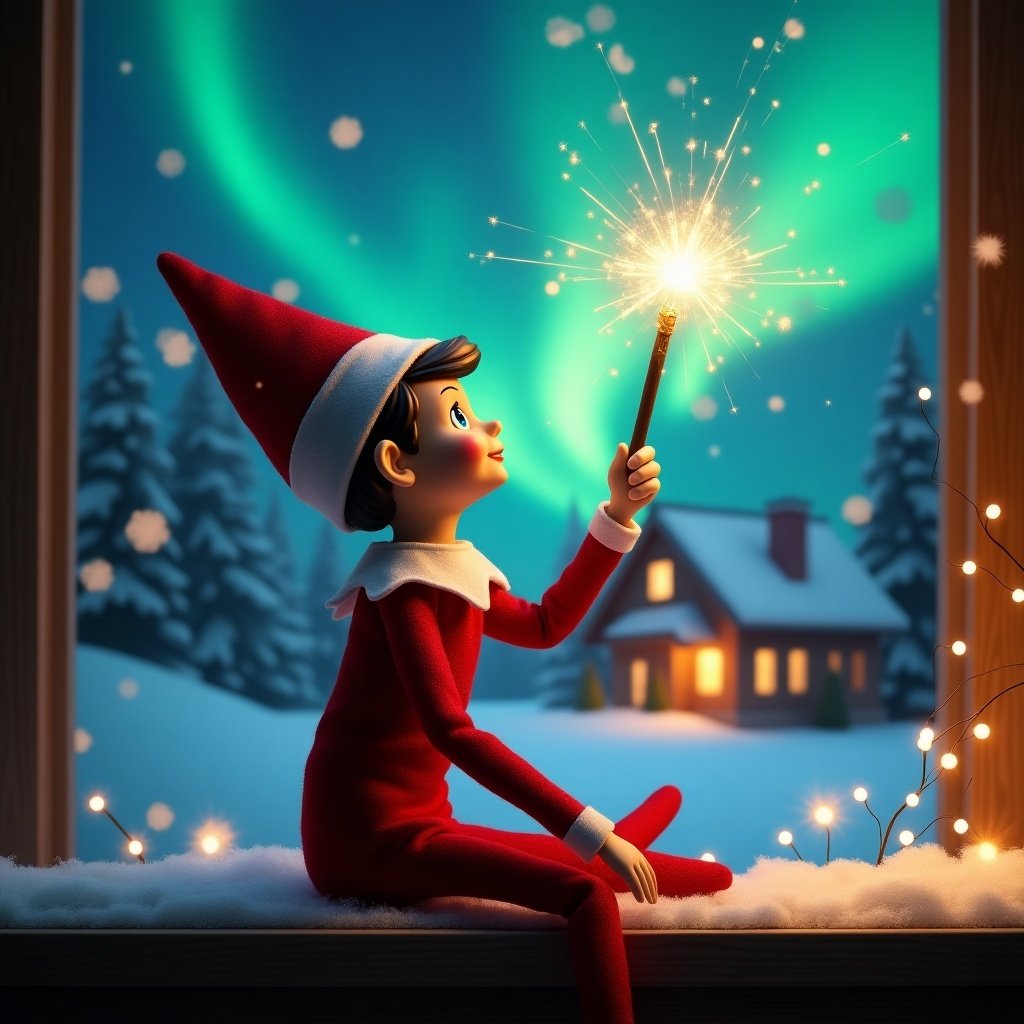 An elf on the shelf sits with its back to the viewer. The elf gazes skyward while holding a glowing wand. A charming Christmas scene is shown with colorful northern lights. A cozy house can be seen in the distance. Snow is on the ground. The elf embodies magic and wonder of Christmas. The name ‘Viviana and Sofia’ appears in the air from the wand.