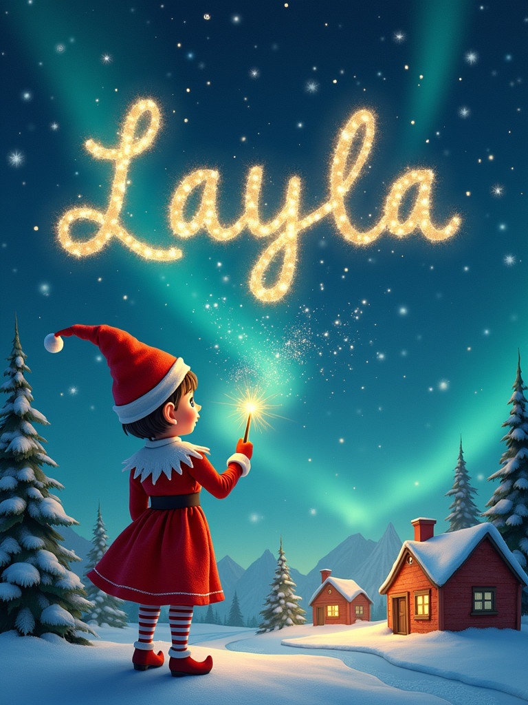 Elf writes name Layla in sparkles at night sky. Elf wears vibrant red outfit with pointed hat. Elf holds glowing wand writing shining letters. Below is landscape with houses and evergreen trees under Northern Lights. Atmosphere of childhood magic and Christmas spirit.