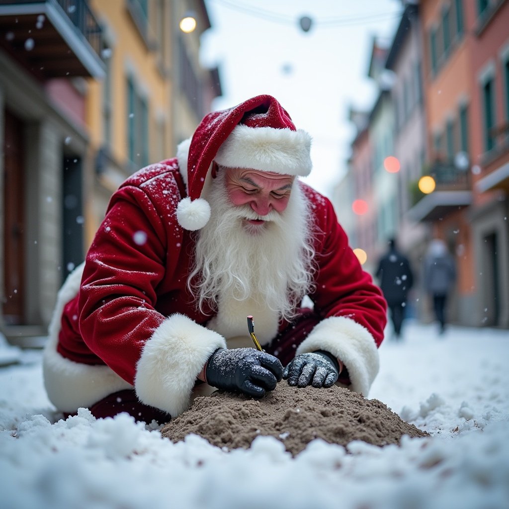 Santa Claus writes in the snow wearing traditional red and white clothing. Street is snowy with charming buildings. Scene has soft winter light. Cheerful holiday atmosphere.