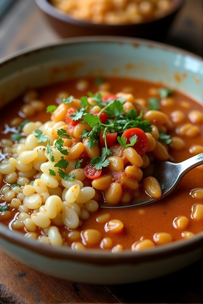 A bowl of tomato-based bean soup garnished with fresh cilantro and sliced cherry tomatoes.